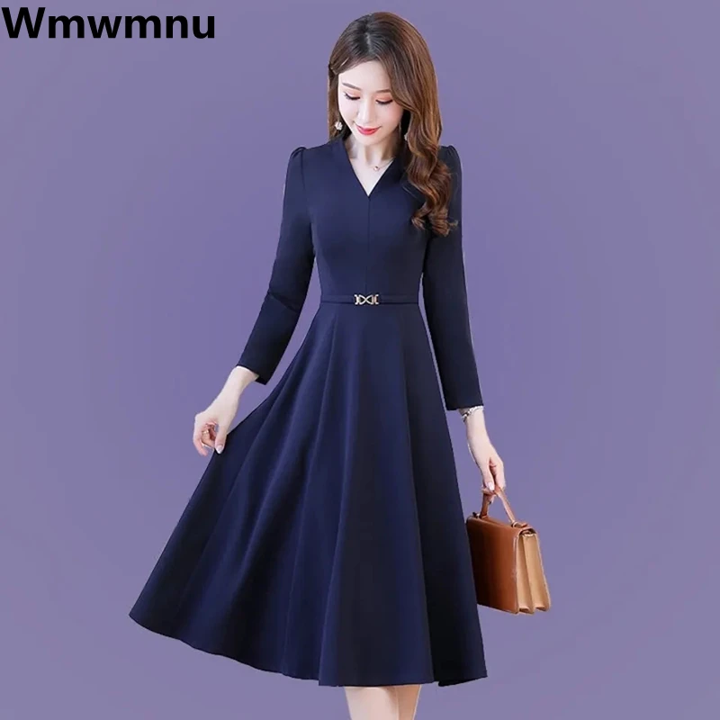 

Spring Long Sleeve Belt Oversize 5xl Dress Korean Slim V-neck Robe Casual A-line Basic Vestido Elegant Women's New Chic Dresses