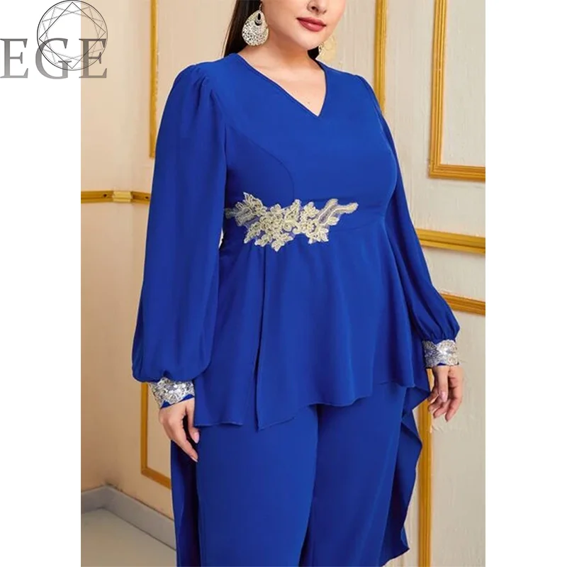 Plus Size Chiffon Commuter Style 2-Piece Set Round Neck Long Sleeve Royal Blue Top and Loose Chiffon Straight Leg Pants