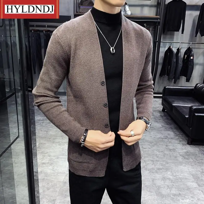 Korean Sweater Men Autumn New Cardigan Men Clothing Fashion Button Decor Front Pocket Loose Casual Mens Cardigan 3Color 3Xl