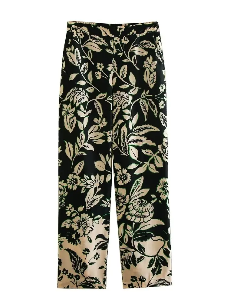 

ZXQJ Women 2023 Fashion Side Pockets Printed Straight Pants Vintage High Waist Zipper Fly Female Pants Mujer