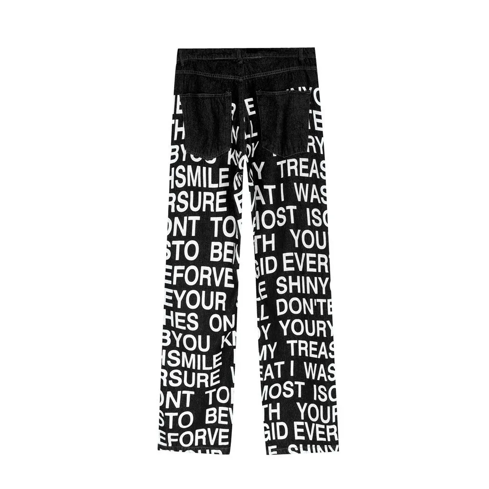 Street letters full of printed washed jeans men's ins American fashion brand loose straight trousers trend casual pants