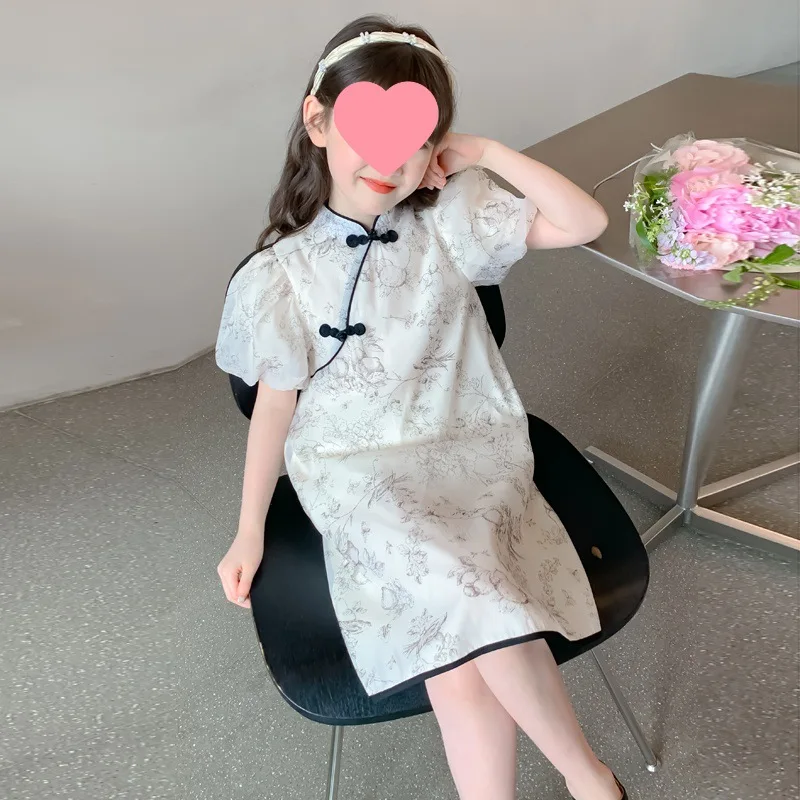 sukienka dla dziewczynki spódnica dziecięca dziewczęca z tuszem 2024 nowy chiński styl narodowy Retro dziewczyny letnie sukienki moda lato