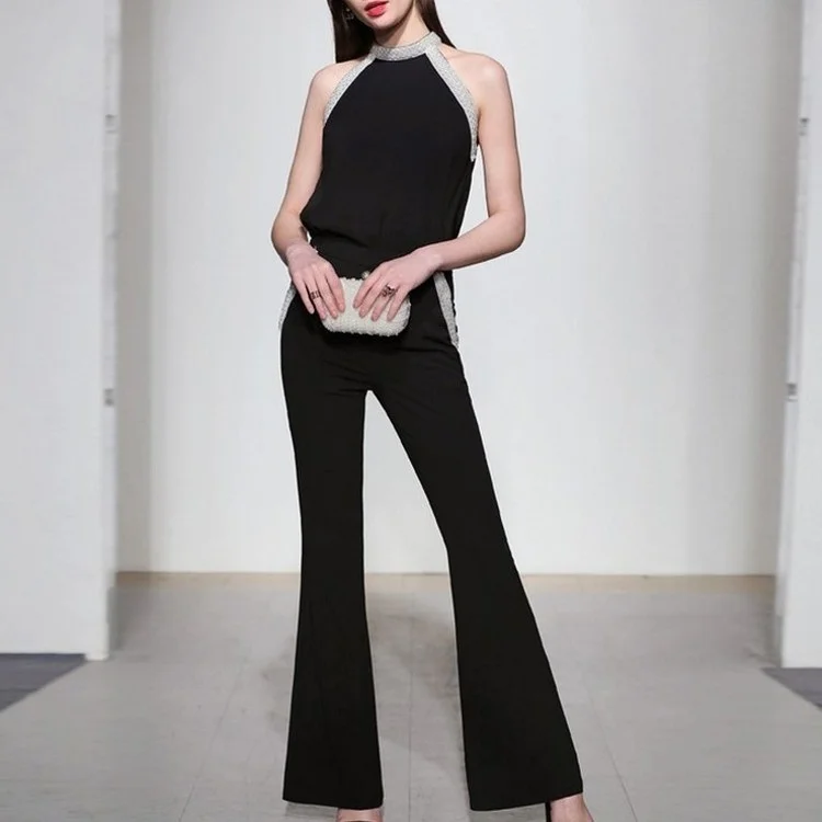 Office Ladies Elegant Pearls Beading Sleeveless Jumpsuit Slim Fit Chiffon Summer Wide Leg Bodysuit Women Party Tank Jumpsuits