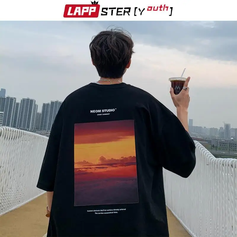 

Футболки LAPPSTER-Youtsh С закатом Y2k Kpop, 2022, Летние черные футболки оверсайз в стиле Харадзюку, графические футболки, стандартные корейские футбол...
