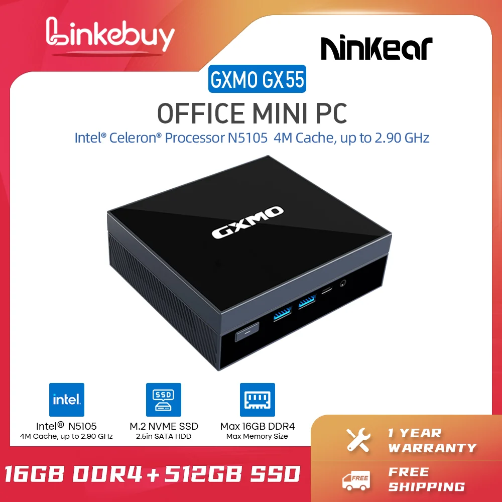 

Мини-ПК Ninkear GX55, Windows 11 Pro 11 11, Intel N5105, DDR4, 16 ГБ, 512 ГБ, M.2 NVME SSD, 2,4G + Φ, Wi-Fi, 1000 м, настольный игровой компьютер