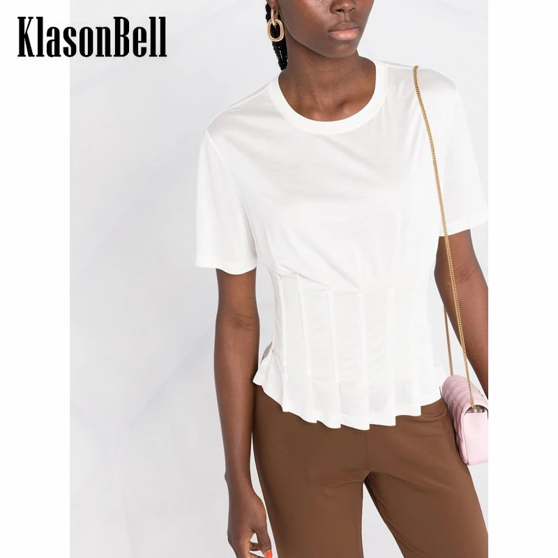 

5.11 KlasonBell Solid Color Crew Neck Collect Waist Short White T-Shirt Women