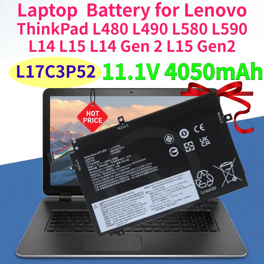 Фото Аккумуляторы для ноутбуков 11.1V 4050mAh L17C3P52 для Lenovo ThinkPad L480 L490 L580 L590 L14 L15 L14 Gen 2 L15 Gen2, компьютерные аксессуары №1