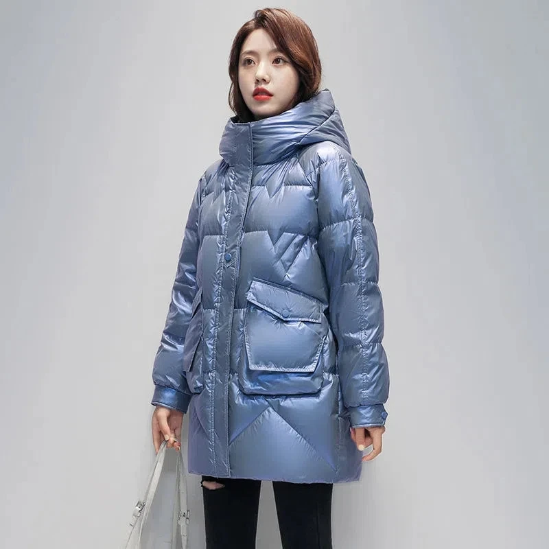 Women's Winter Warm Windproof Hooded Parkas Fashion Glossy Stand Collar Snow Coat Solid Warm Cotton Jacket Loose Zip Up Overcoat