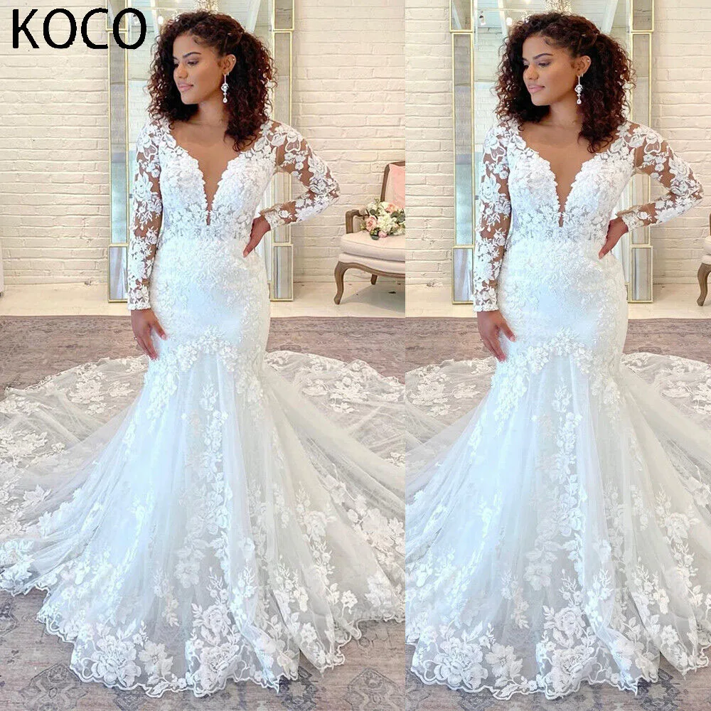 

MACDOUGAL Mermaid Wedding Dresses Long Sleeve V Neck Lace Applique Sweep Train Bridal Gown vestido de noiva Custom For Women