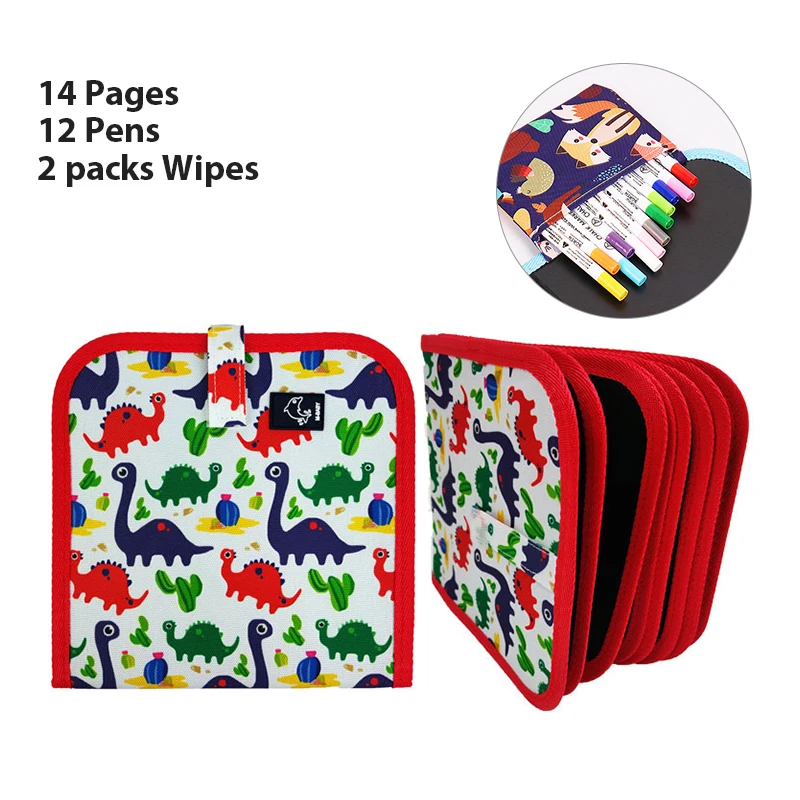 

14 Pages Children Magic Blackboard Coloring Books Toy with 12 Water Chalk Pens