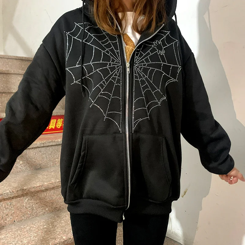 

2022 Y2K Harajuku Grunge Loose Zipper Hoodie Coat Fall Women E-girl Gothic Spider Web Print Long Sleeve Sweatshirt Dark Academia