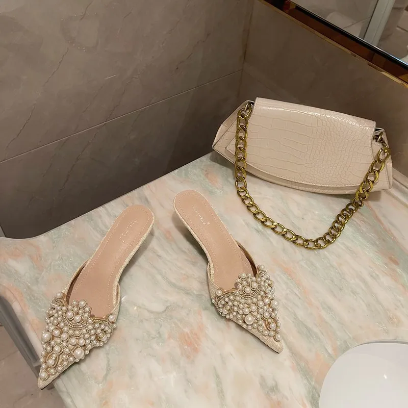 New Spring and Autumn Slippers Fashion Sexy Women's Shoes Elegant Beaded Crystal Patchwork Stiletto Party Wedding Women's Shoes