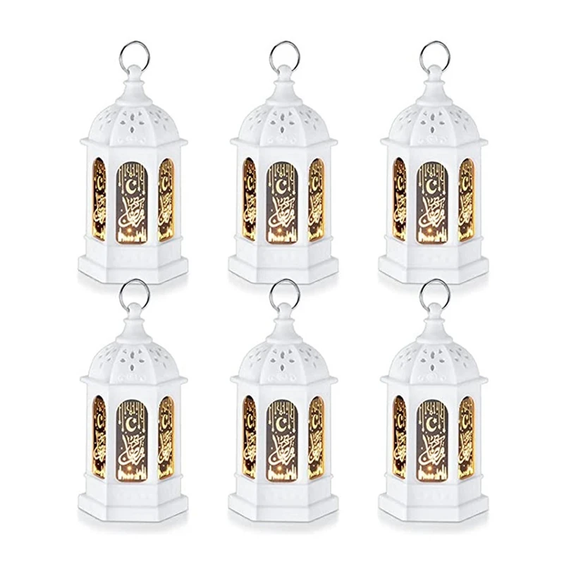 

6PCS Mini Ramadan Candle Mubarak Lantern LED Eid Mubarak Lantern Moroccan Style Hanging Lantern White