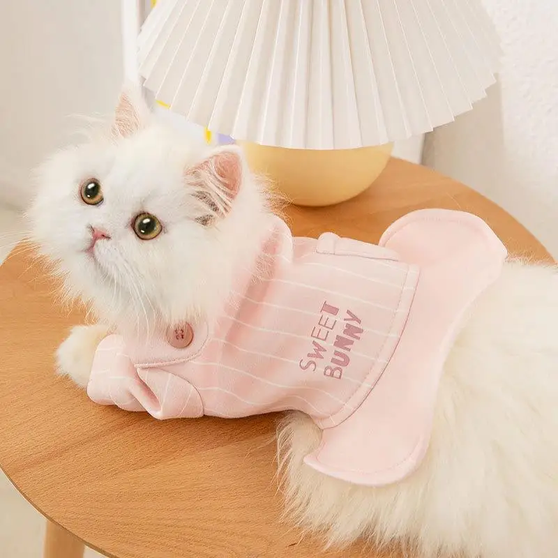Pink Stripe Dress Autumn Winter Pet Clothes Medium Small Dog Cat Sweet Cute Skirt Kitten Puppy Warm Pullover Sphinx Poodle Pug