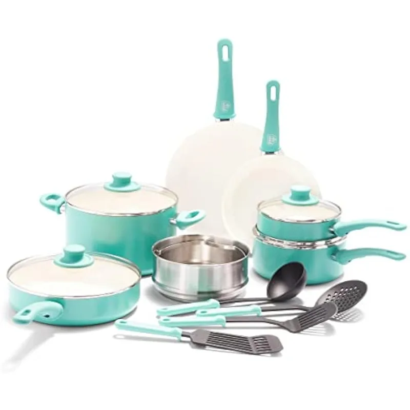 

Soft Grip Healthy Ceramic Nonstick, 15 Piece Cookware Pots and Pans Set, Induction, PFAS-Free, Dishwasher Safe, Turquoise