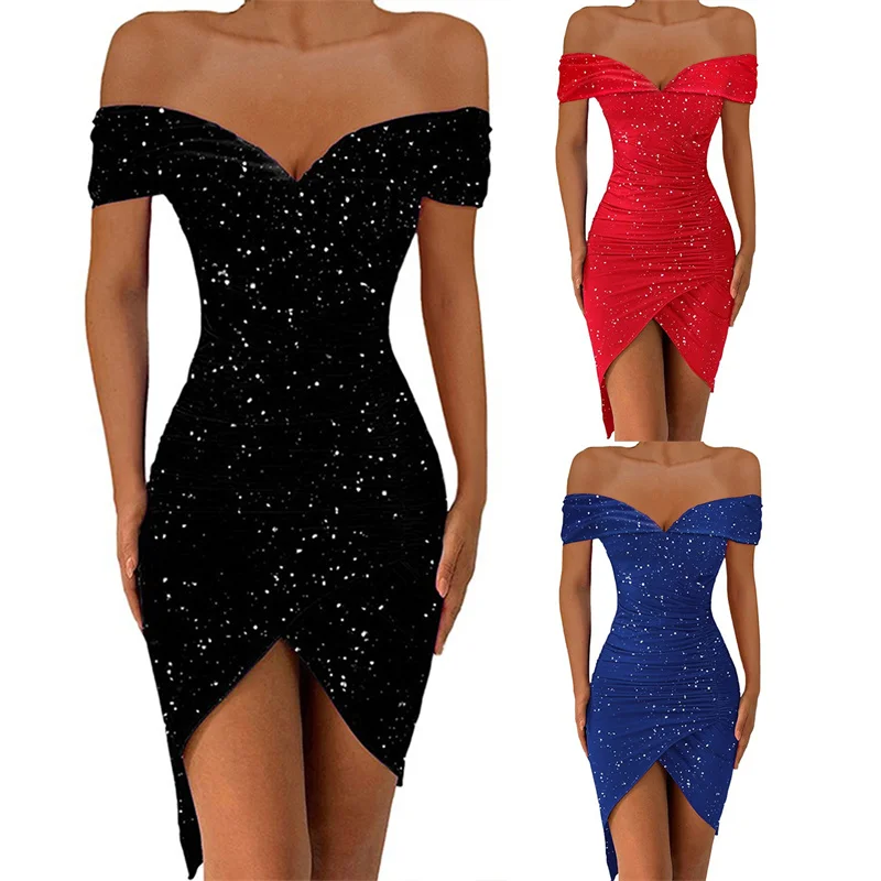 

Off Shoulder Short Sleeve Elegant Lady Mini Dress 2022 Summer Party Club Bodycon Shiny Birthday Sexy Pleated Bodycon Dress