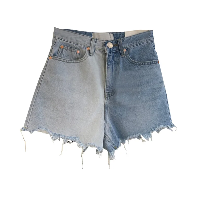 2021 Spring Summer Women Loose Skinny Denim Shorts Female Patchwork Button Short Jeans Light Blue High Waist Mini Shorts Tassel