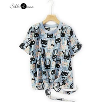 grey blue rabbit printing fashion mulberry silk top bow silk short sleeve t shirt womens summer versatile loose fashion