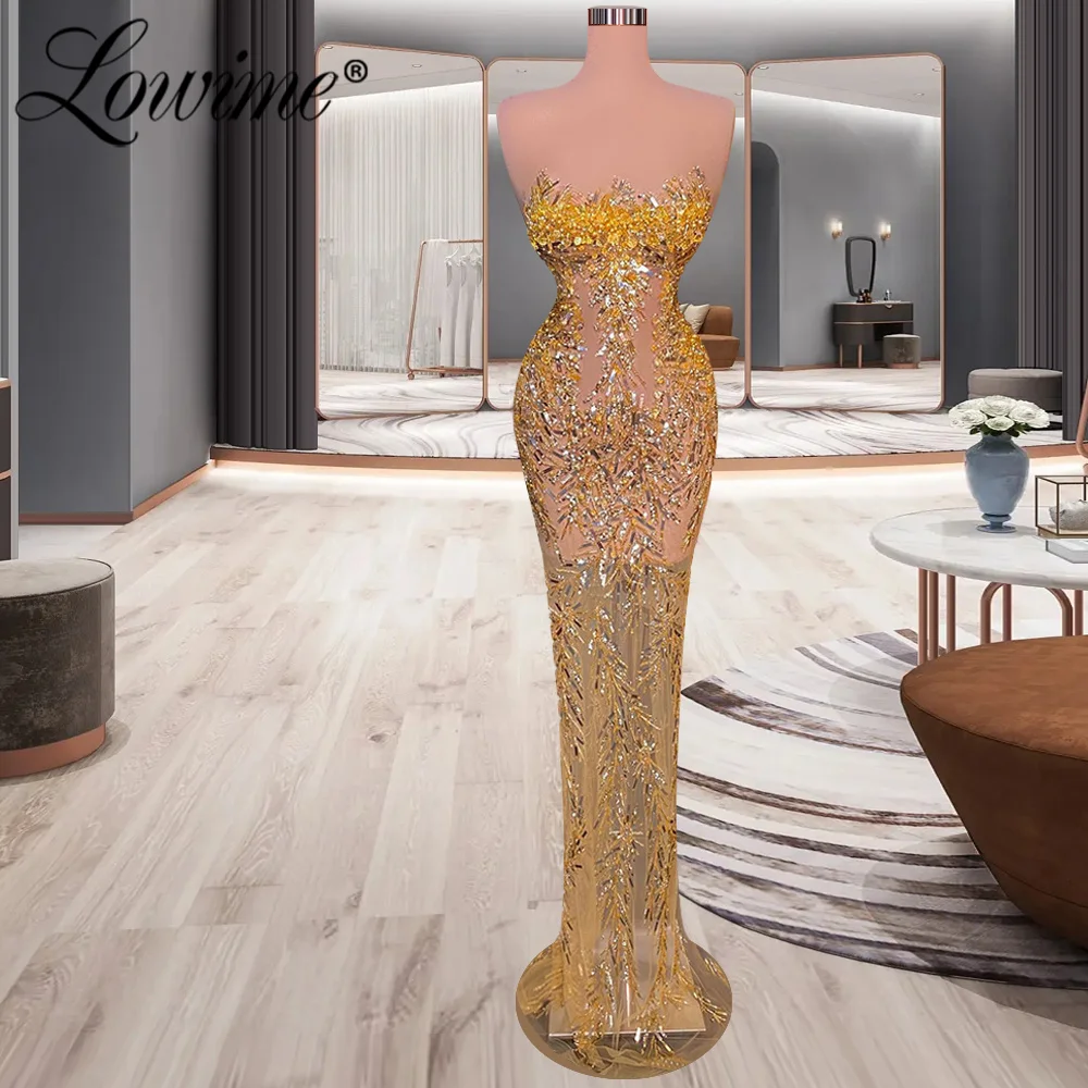 

Lowime On Sale Gold Party Dresses See Through Beaded Sequins Long Mermaid Prom Evening Gowns Cheap Evening Dress Custom Made