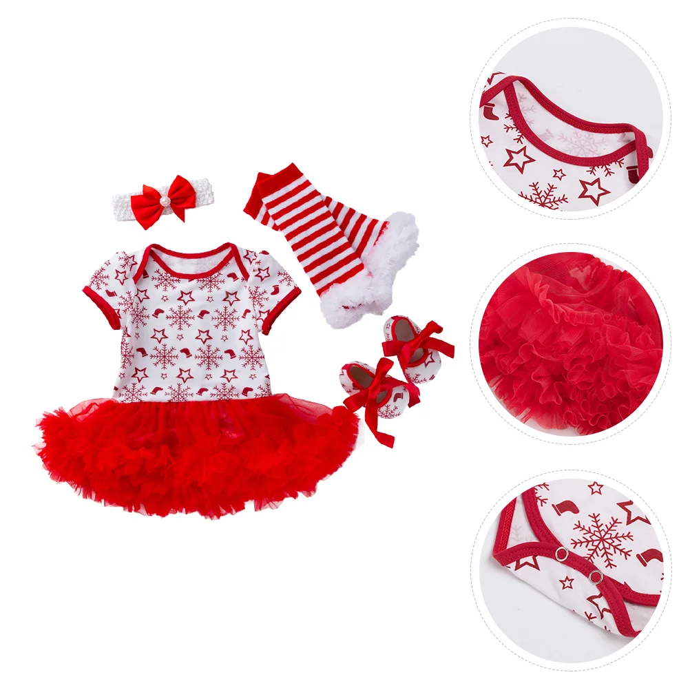 

1 Set Baby Short Sleeve Dress Christmas Baby Girl Shoes Hair Band Leg Warmer