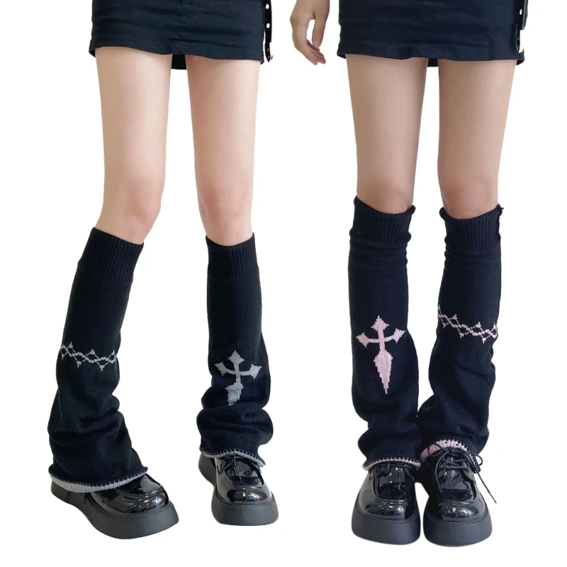 

Dark Goth Flare Leg Warmers Women Harajuku Street Cross Print Knit Foot Covers