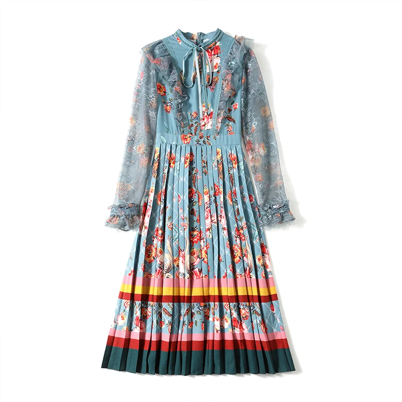 

Женское Сетчатое платье с длинным рукавом, модельное элегантное платье во французском стиле с V-образным вырезом и цветочной вышивкой, осен...