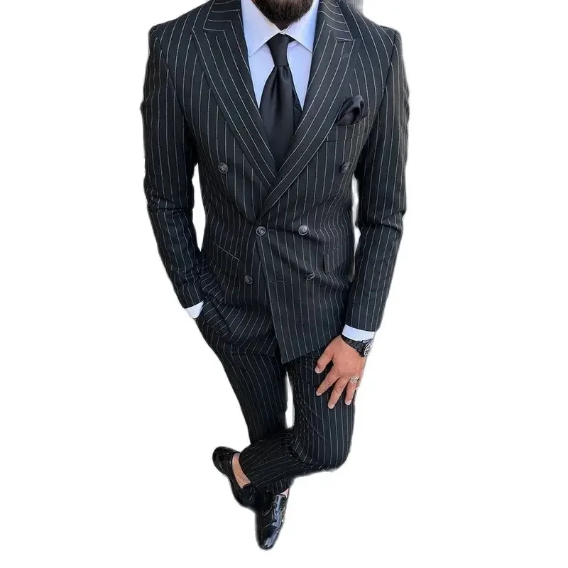 Мужские костюмы высокого качества в черную полоску двубортная мужская одежда с