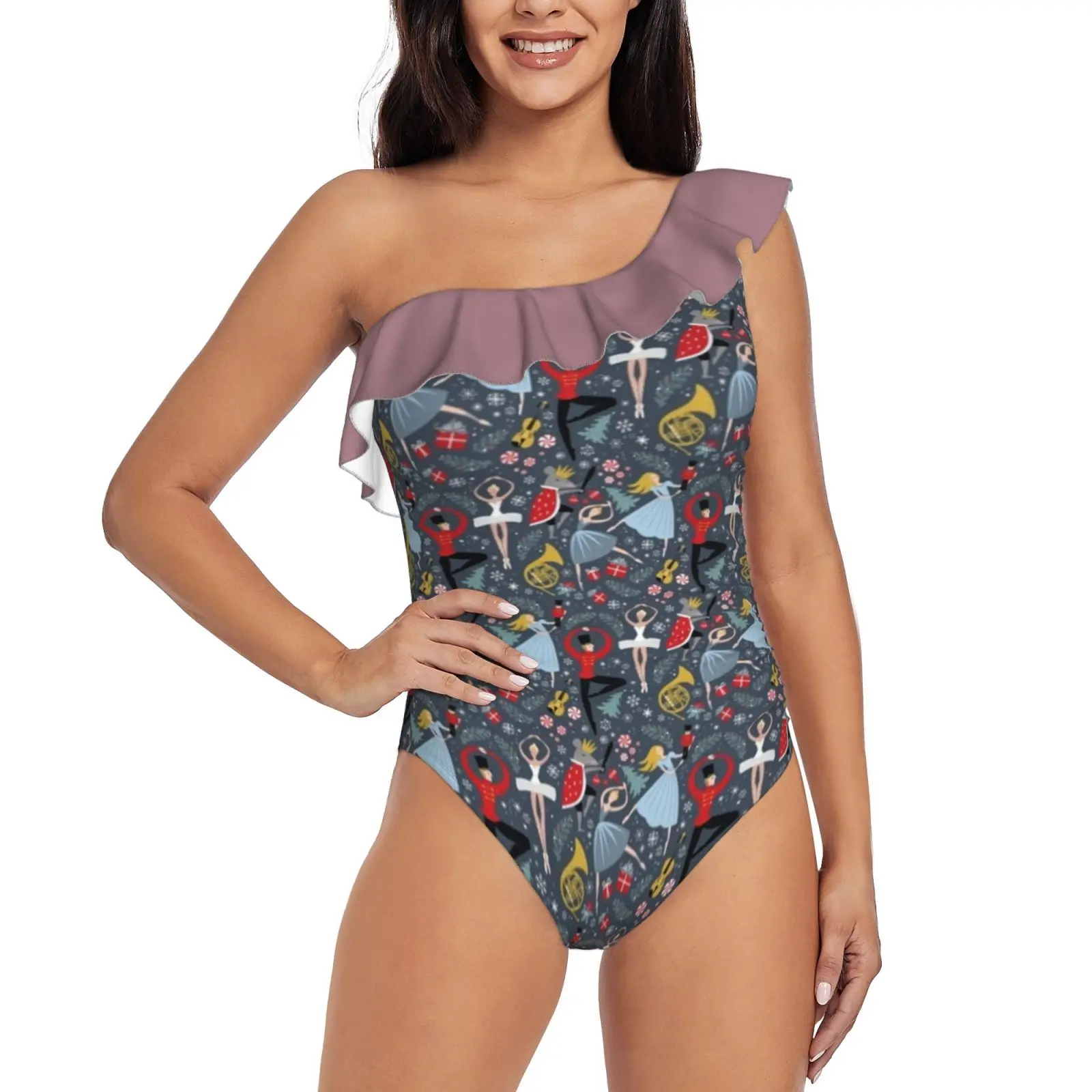 

Clara'S Nutcracker Ballet Repeat By Robin Pickens One-Piece Swimsuit One Shoulder Ruffle Swimsuit Sexy Monokini New Girl Beach