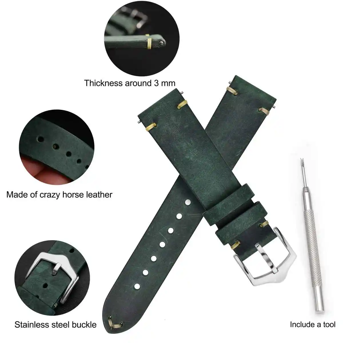WOCCI Crazy Horse Leather Genuine Leather Cowhide Watch Band 18mm 20mm 22mm Bracelet for Men Watchband Black Green Brown Tan