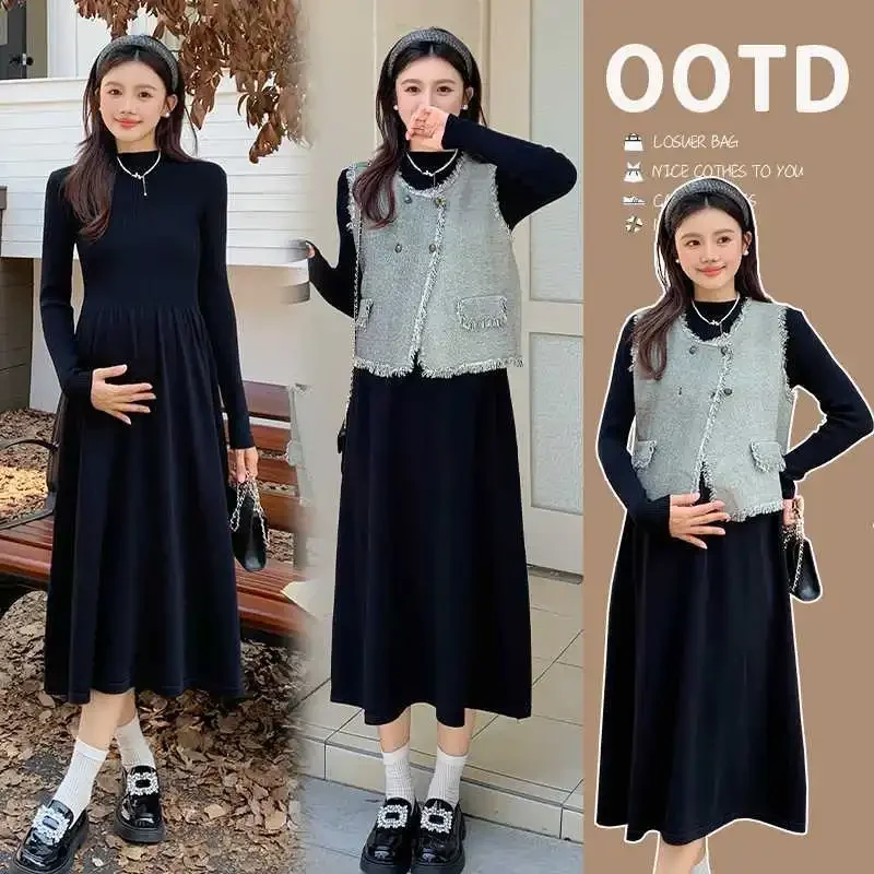 Твидовое трикотажное платье для беременных осень/зима 2024 средней длины