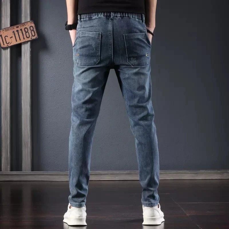 Elastic Waist Blue Jeans Men Casual Slim Fit Pencil Pants Fashion Korean Style Drawstring Denim Trousers CP2176