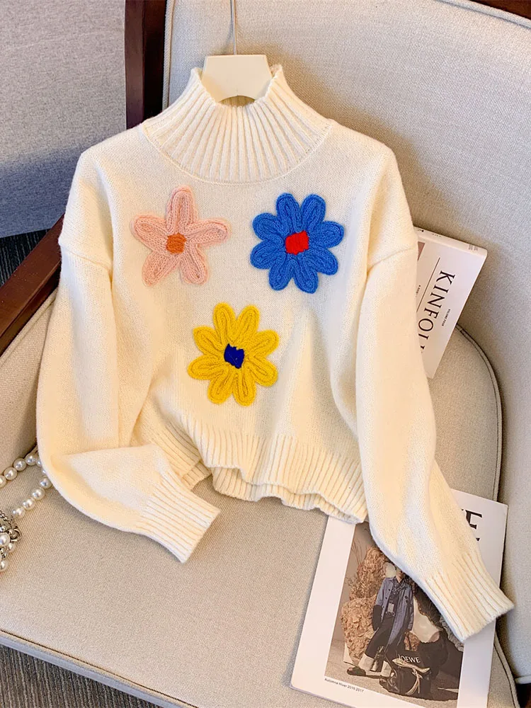 

Pullover Women Sweaters Autumn Winter 2023 Appliques Floral Knitted Korean Fashion Sweater Designer Turtleneck Pullovers Loose