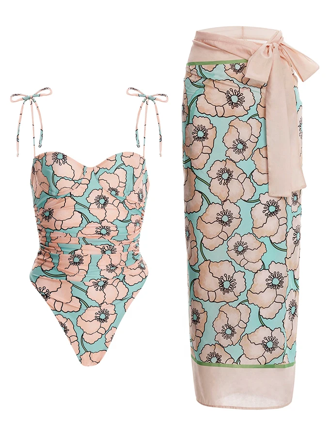 

Sweet Style Freshness Floral Colorblock Print One-Piece Women V-neck Swimsuit And Cover-up 2023 Summer Beach Swimwear