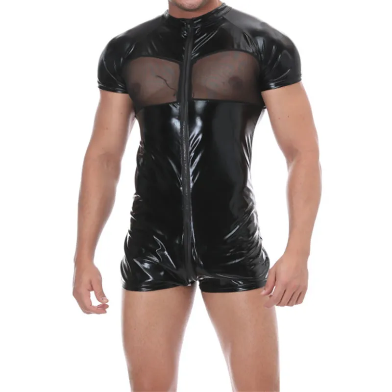 

Mens Faux Leather Zipper Bodysuit Undershirts Wrestling Singlet One-piece Jumpsuit Gay Costumes Wet Look Leotard Stage Clubwear