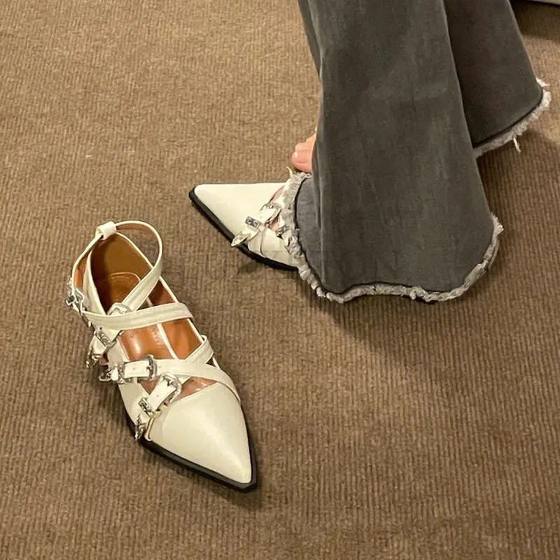 Pointed Toe Women Pumps New Arrivals Belt Buckle Thick Low Heels Black Beige Office Paty Pumps Dress Shoes Woman Cross Tied