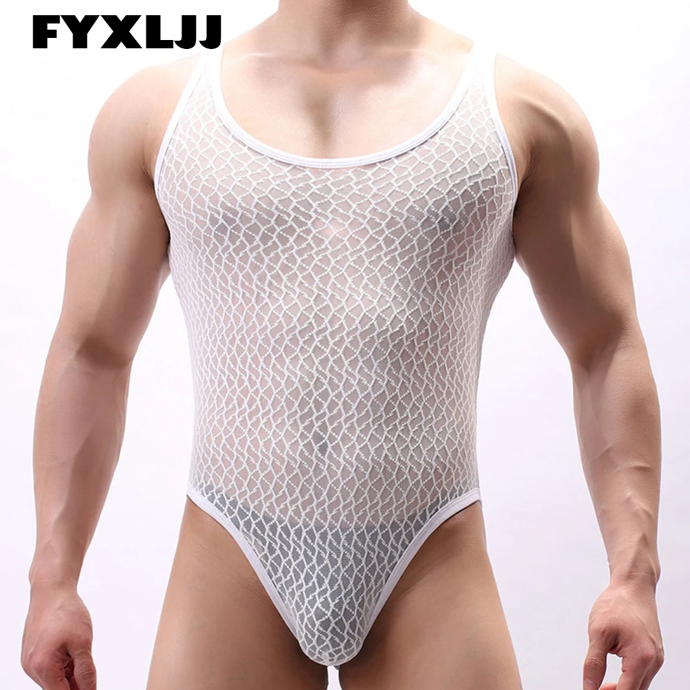 FYXLJJ Breathable Loungewear Men Ultra Thin Jumpsuit Sexy Transparent Mesh Sheer Bodysuit Male Gay Sleeveless Bodysuit Underwear