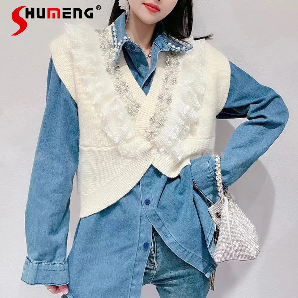 Shirt Two-Piece Vest Set Women's 2023 Spring New Korean Style Fashion Sweet Denim Shirt Ladies Elegant Rhinestone Knitted Vest