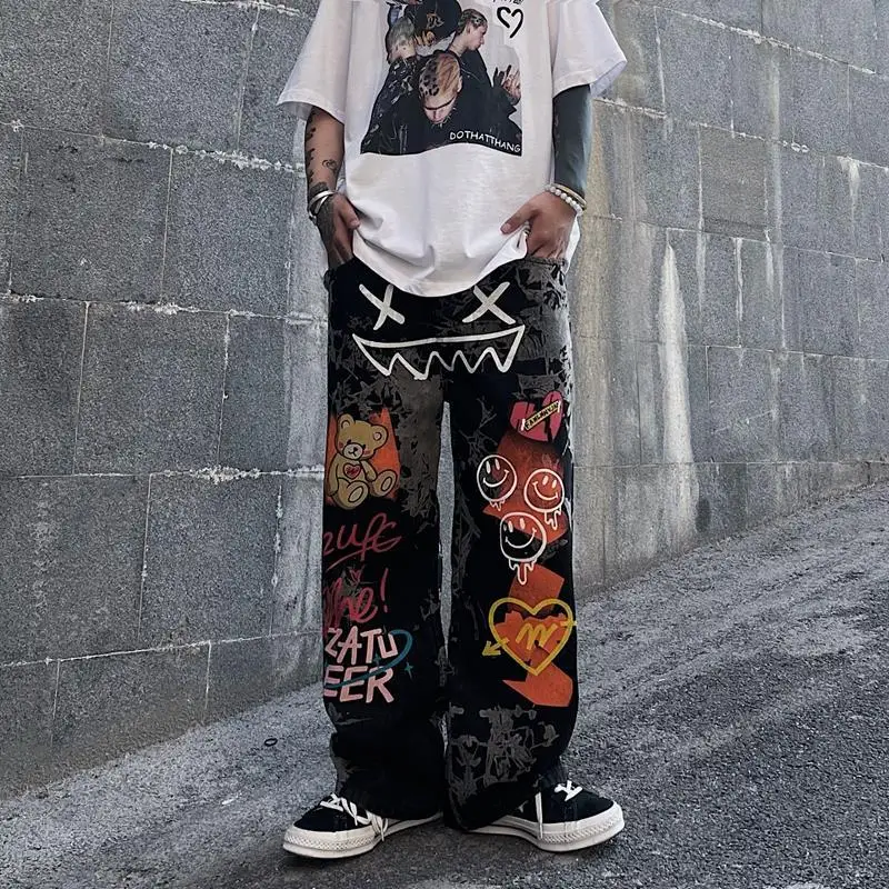 

Spring and summer new high street graffiti dad jeans men and women loose high waist show thin wide leg straight trousers jeans