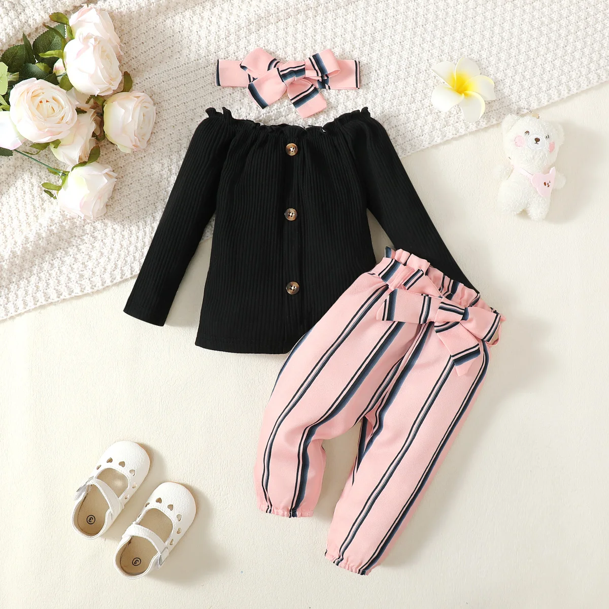 Детский костюм Hibobi тройной комплект с брюками для девочек осенний полосатый