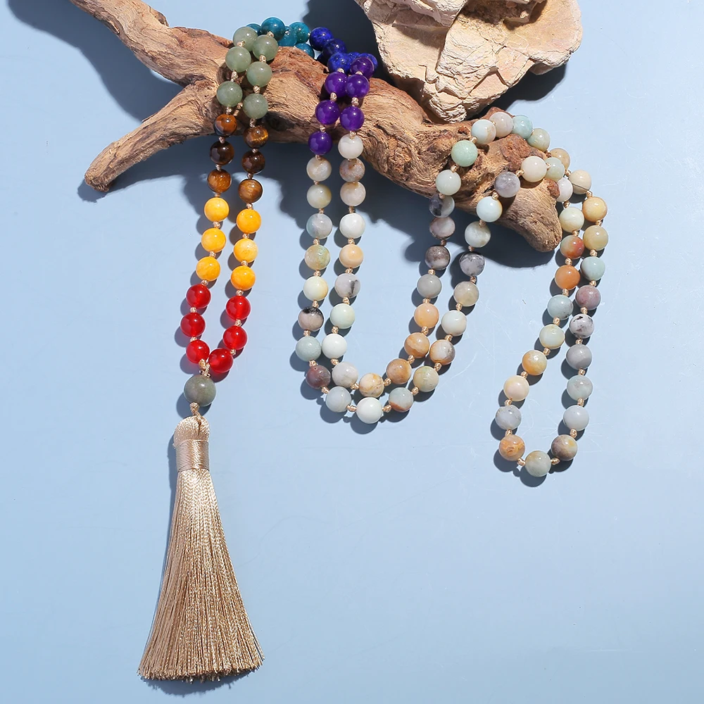 

Showboho 108 Mala Beads 8mm Amazonite 7 Chakra Knotted Necklace Meditation Yoga Prayer Rosary For Men and Women Tassel Jewelry