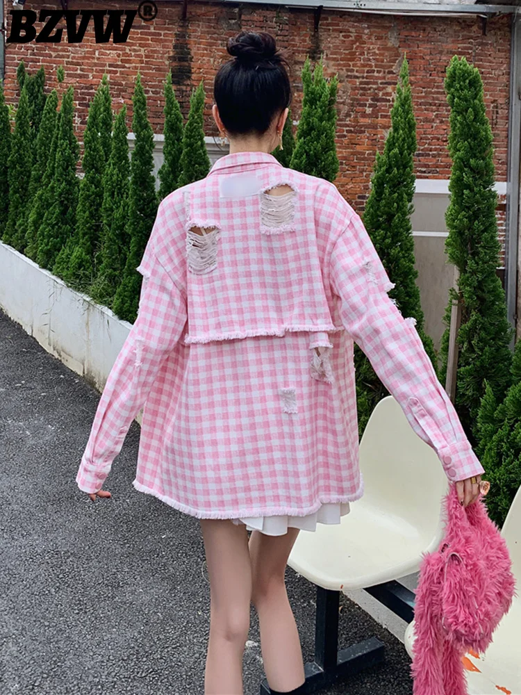 

BZVW Sweet Designer Denim Jacket For Women Hole Spliced Fashion Pink Plaid Casual Coat Female Clothes 2023 New Trend 25X01535