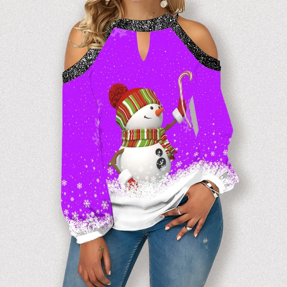 

Snake Yx Women's Fall Christmas Snowman Print Casual Round Neck Off Shoulder Long Sleeve Top Plus Size XXS-10XL