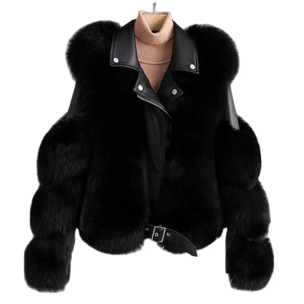 

Faux Fox Fur Women Winter Moto Pu Leather Turn Down Collar Warm Jackets Outerwear Luxury Female Overcoat Women'S Imitated Jacket