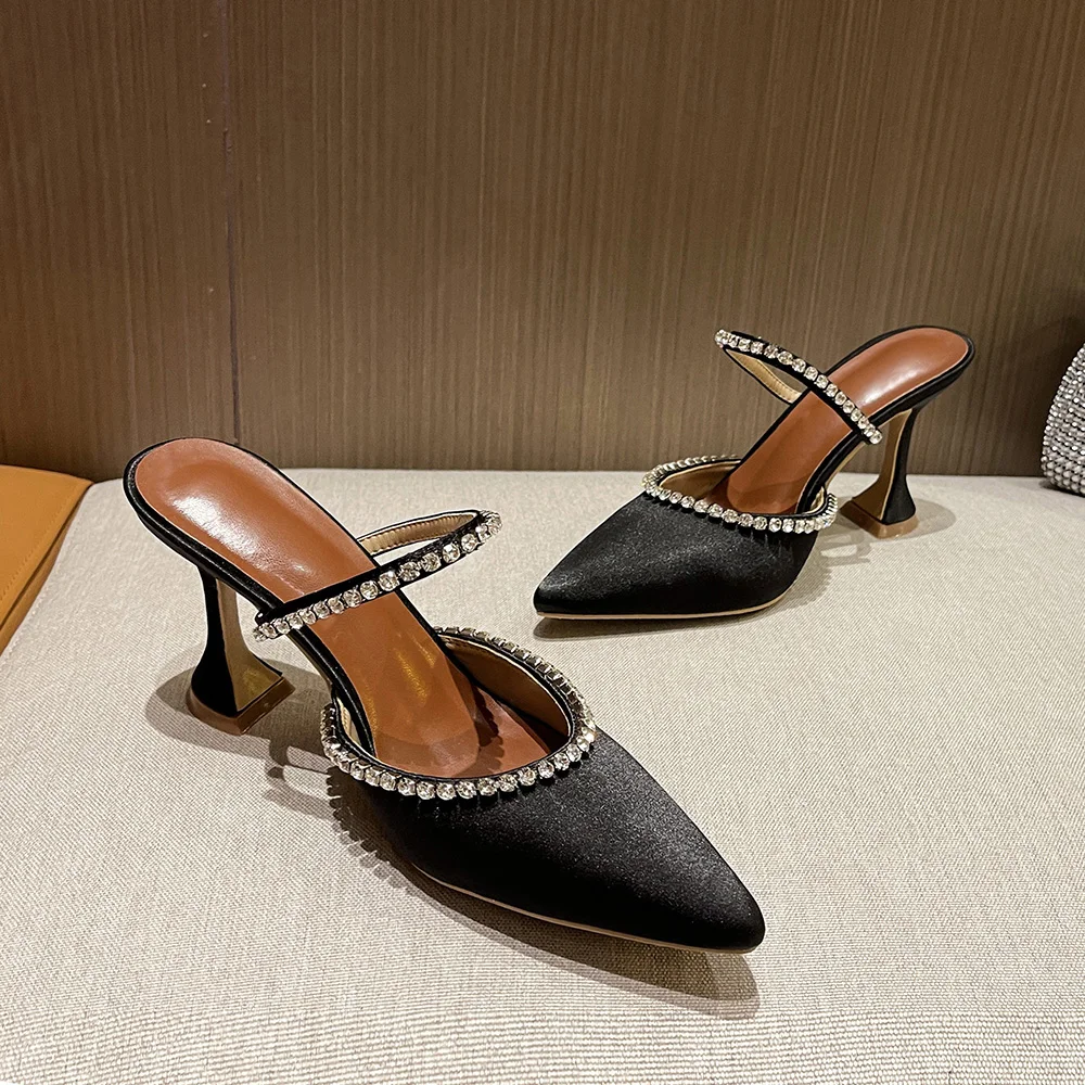 Spring and Summer New Pointed-toe Rhinestone Sequins Stiletto High-heeled Slippers Baotou Semi-trailed High-heeled Sandals Women