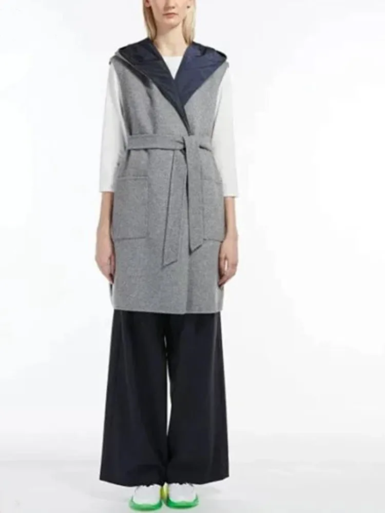 

2023 New Women Coat Hooded Lace-up Sleeveless Pockets Casual Long Jacket