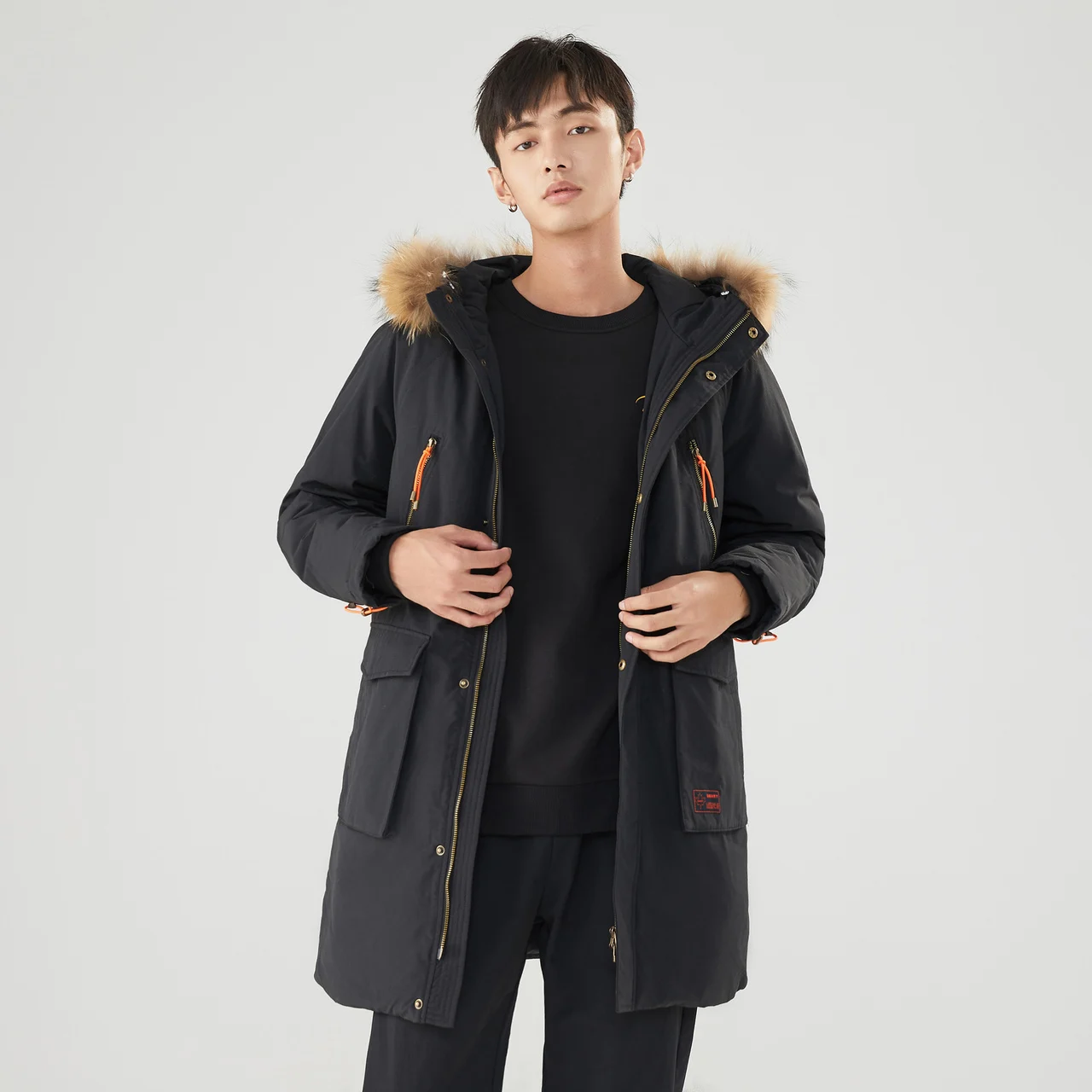 Metersbonwe Solid Color Wadded Clothes For Man Large Fur Collar Hooded Warm Wear Casual Loose Winter Cotton-Padded Coat