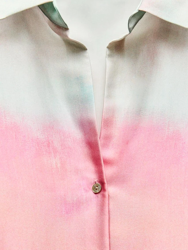 Zbza Женская Атласная Рубашка С Принтом Тай-дай Воротник Лацканами И Длинными