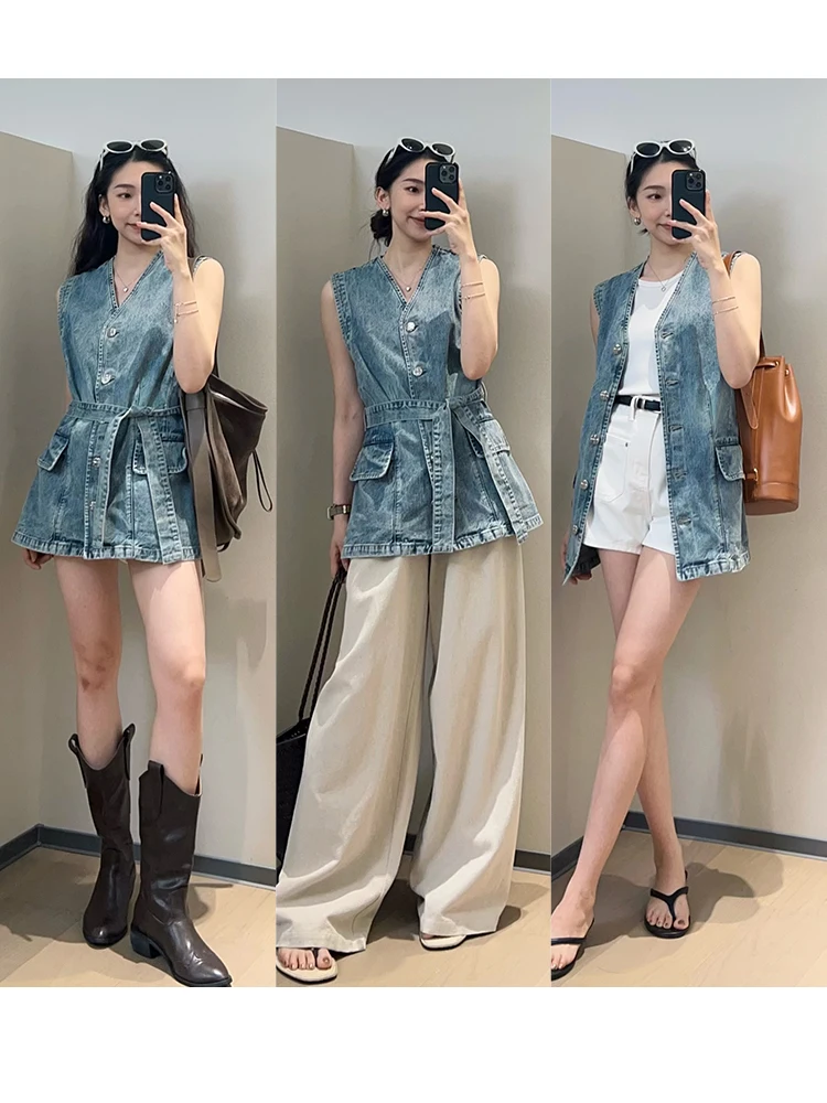 Meiyang [в наличии] Жилет Banxia Джинсовый джинсовый хлопок | Уличный жилет без рукавов с