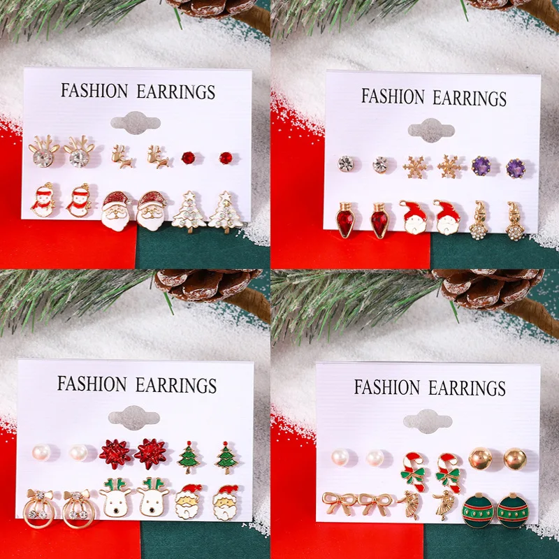 

6pairs Christmas Stud Earrings For Women Cute Xmas Tree Elk Snowman Santa Claus Pandent Earring Set Christmas Jewelry Wholesale