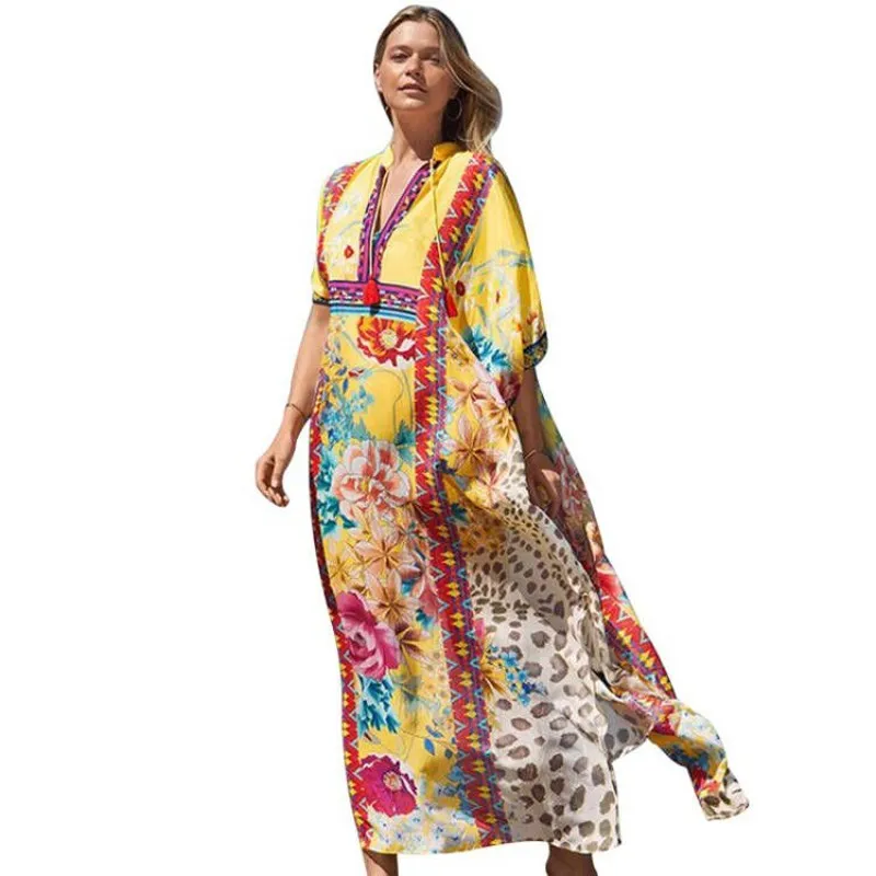

Beach Bikini Cover Up Dress Women Half Sleeve Loose Bathing Suit Summer New Fashion Print Bohemian Maxi Dress Swimsuit Cover Ups